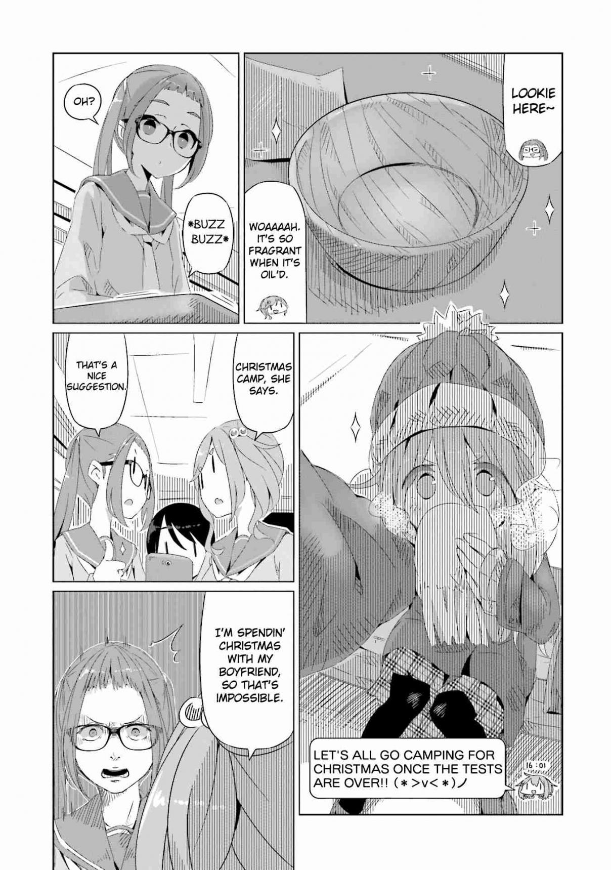 Yurucamp △ Vol. 2 Ch. 13 Tests, and an introduction to fancy camping